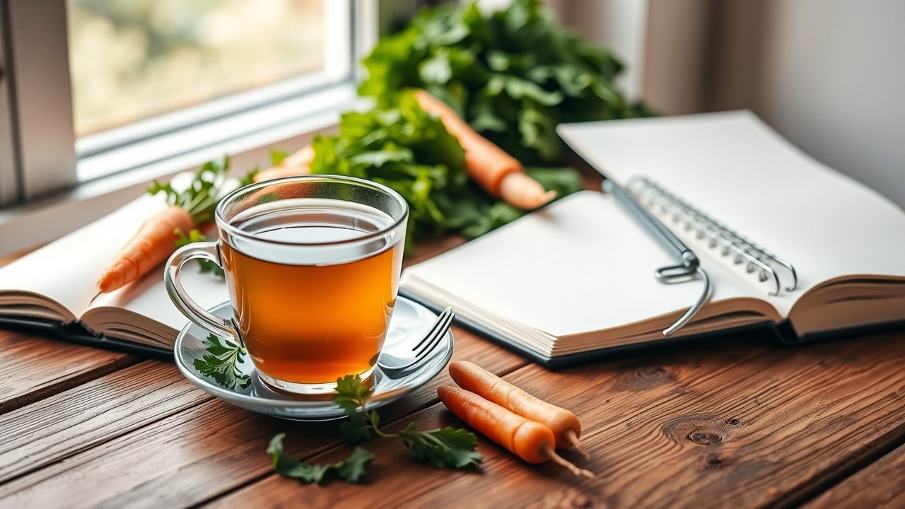 Close-up of wooden desk with steaming herbal tea cup, open notebook, scattered fresh vegetables like carrots and greens, soft natural window light., No infographics and no text