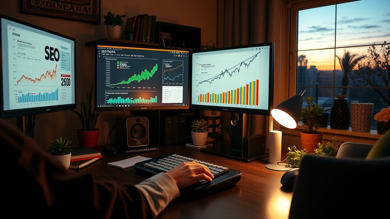 Cozy home office at dusk, person typing on keyboard with multiple monitors displaying SEO graphs and vibrant stock photos, desk lamp illuminating plants and bookshelves., No infographics and no text