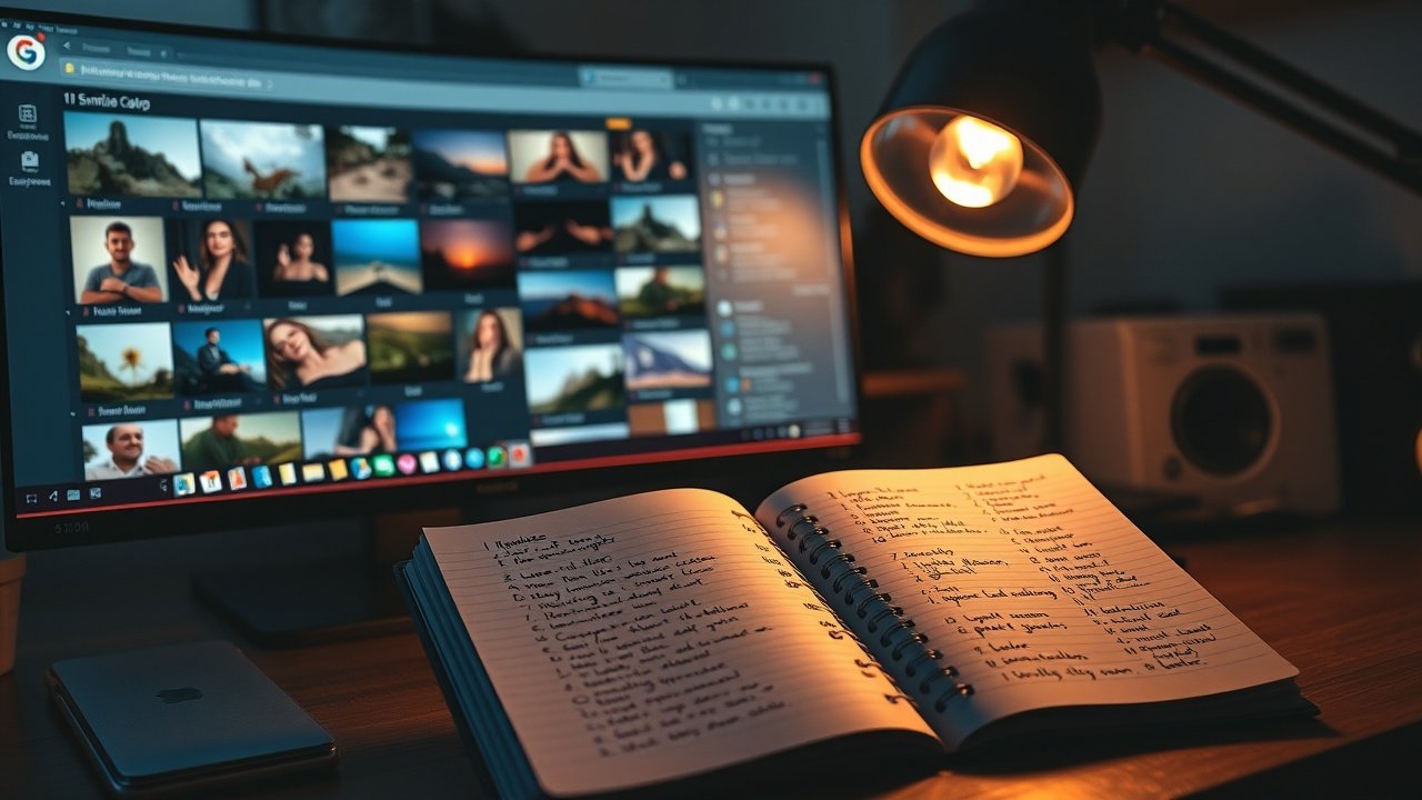 Cozy home office at night with dim lamp illuminating a notebook filled with handwritten keyword lists beside a large computer monitor showing image thumbnails., No infographics and no text