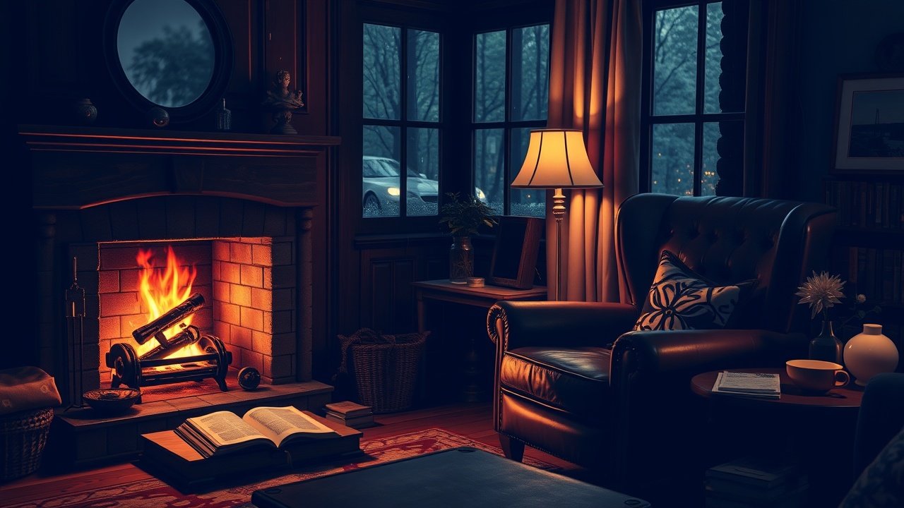 Cozy living room with leather armchair by fireplace, open book on side table, rain pattering against window, dim lamp light casting warm shadows., No infographics and no text