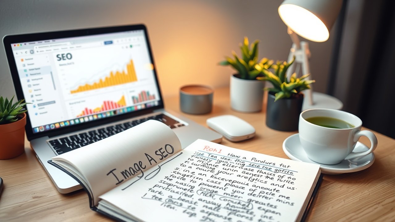 Cozy workspace with notebook open to handwritten SEO notes, laptop showing image analytics dashboard, potted plants, soft desk lamp illuminating green tea cup., No infographics and no text