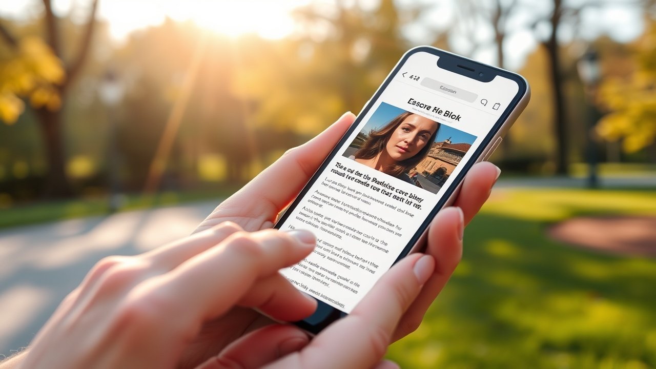 Detailed shot of a smartphone screen held in hand, displaying a blog article with eye-catching header image, user scrolling in a sunlit park setting., No infographics and no text