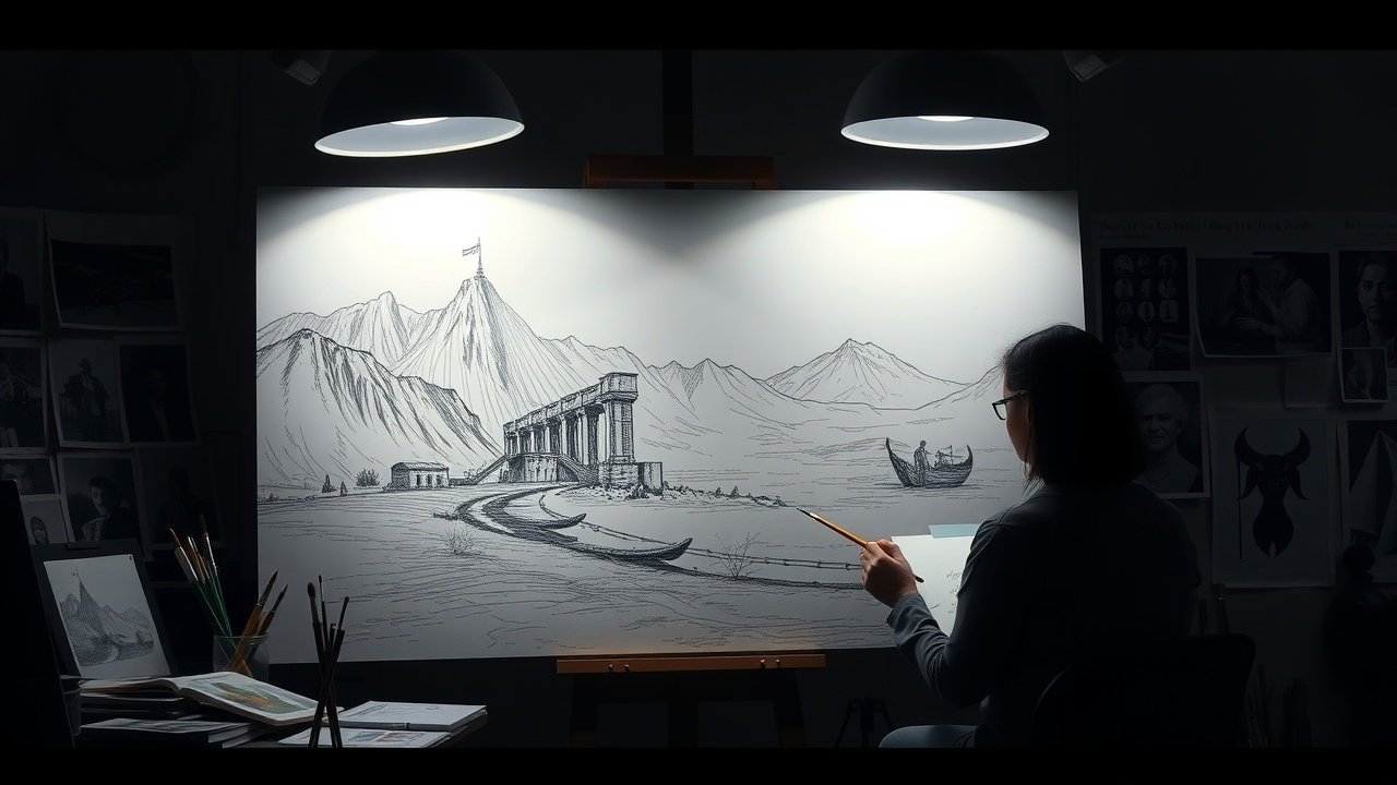 Dimly lit studio with artist sketching detailed scene on large canvas, surrounded by reference photos, paintbrushes, and soft overhead lamps casting shadows., No infographics and no text