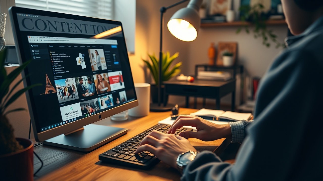 Dynamic scene of a content creator typing on keyboard in cozy home office, screen reflecting vibrant product photos, warm lamp light highlighting notes on image optimization., No infographics and no text