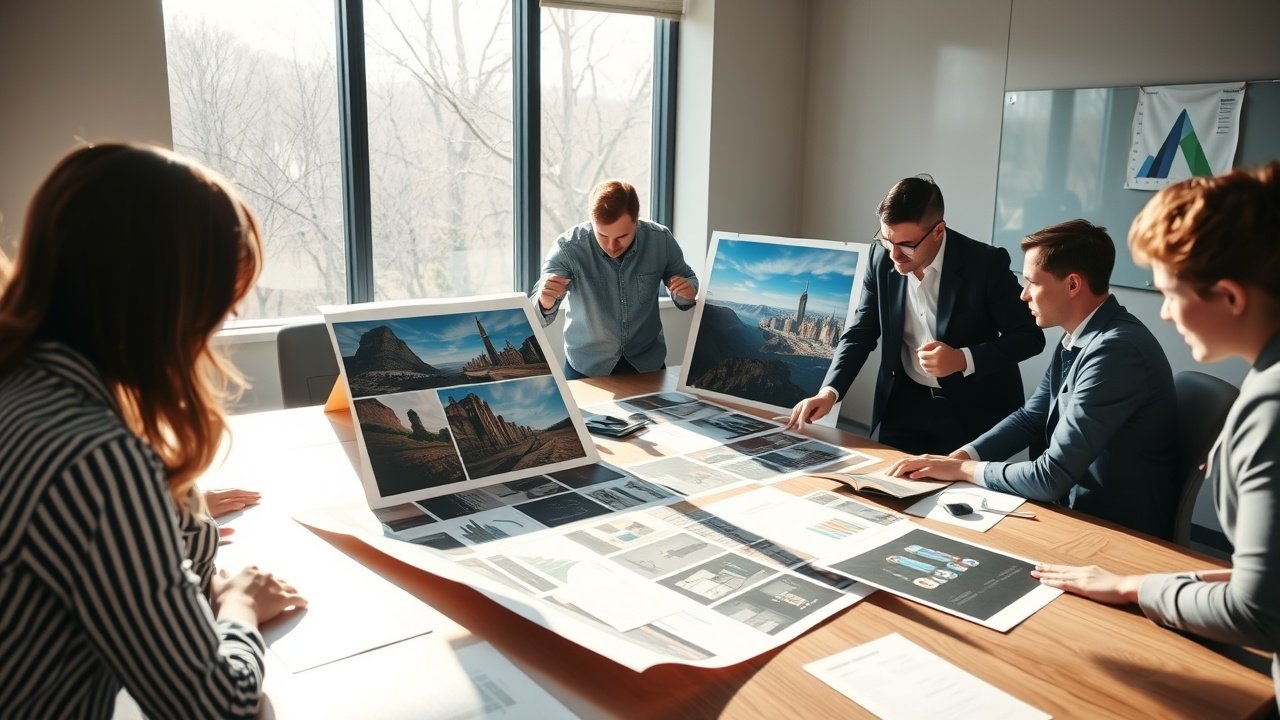 Dynamic scene of a team reviewing large printed photos on a conference table, natural daylight illuminating detailed visuals and notes., No infographics and no text