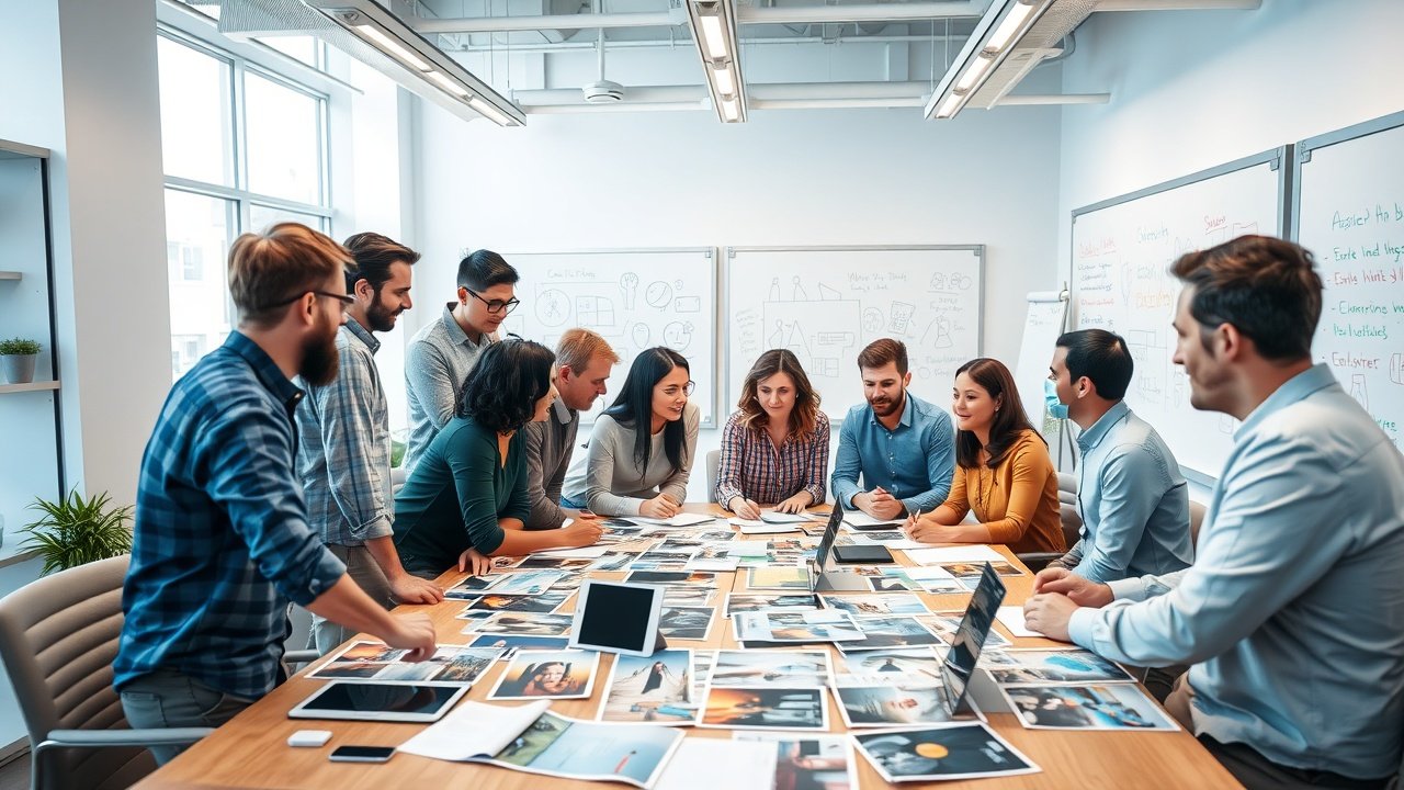 Group of diverse people in a modern office brainstorming around a table covered with printed photos and notes, whiteboards with sketches, bright overhead lights., No infographics and no text