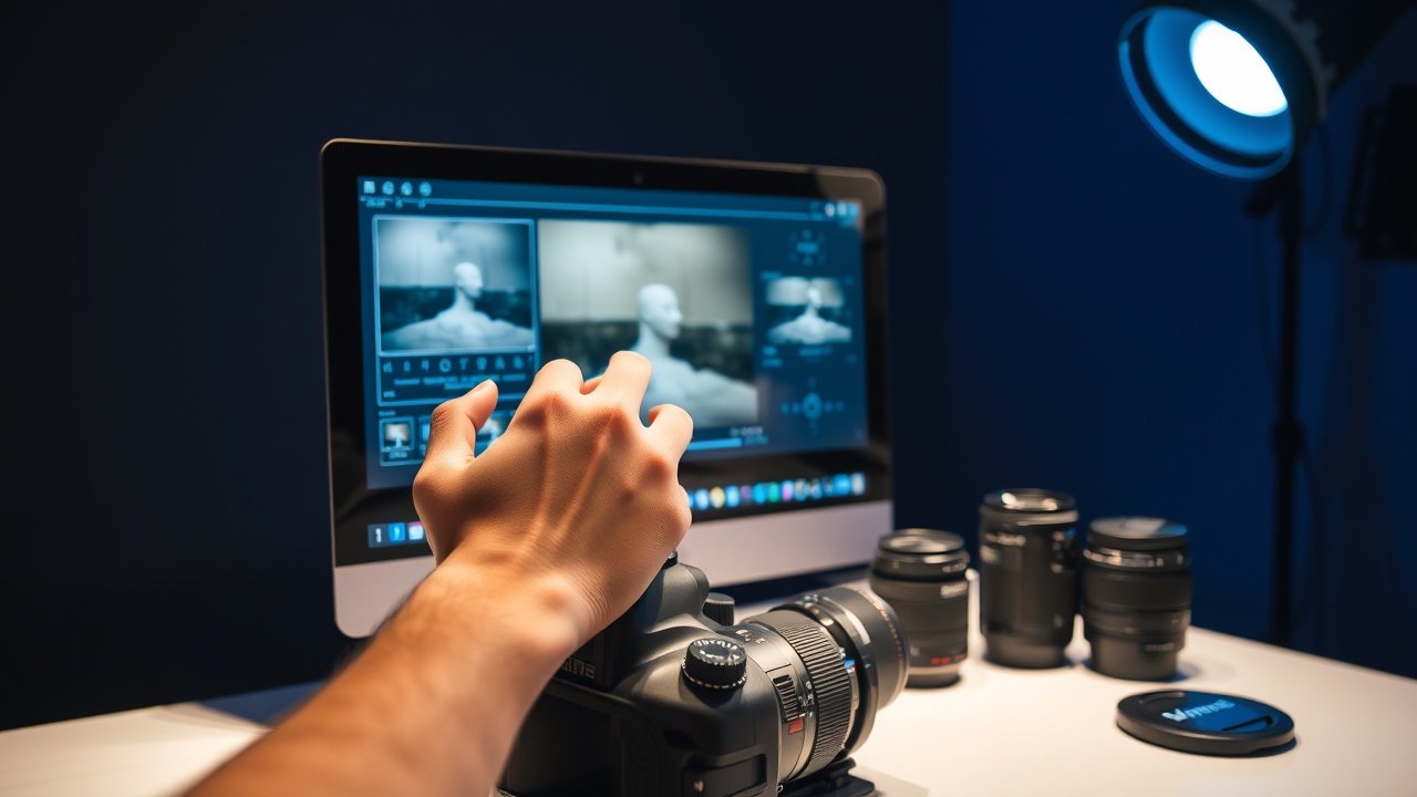 Hands adjusting photo exposure on computer screen in dimly lit studio, camera and lenses on table, focused blue lighting., No infographics and no text