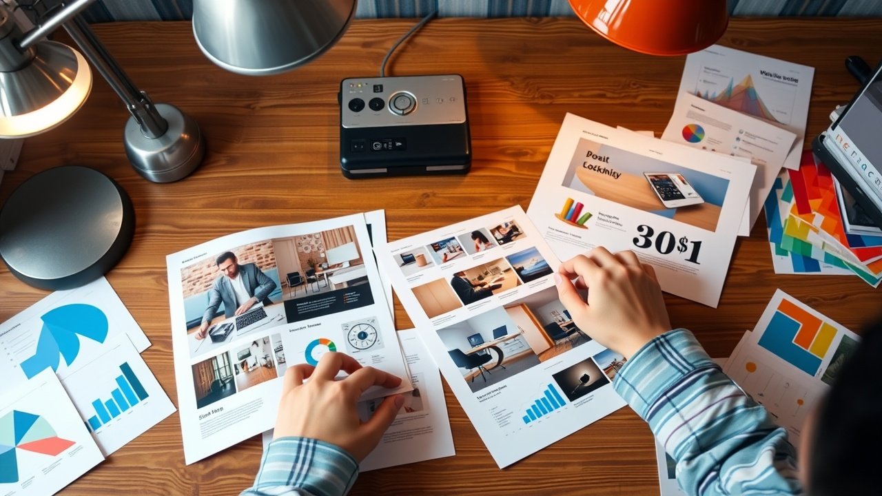 Hands arranging physical printouts of website visuals on a wooden desk under warm overhead lamps, with graphs and color swatches nearby., No infographics and no text