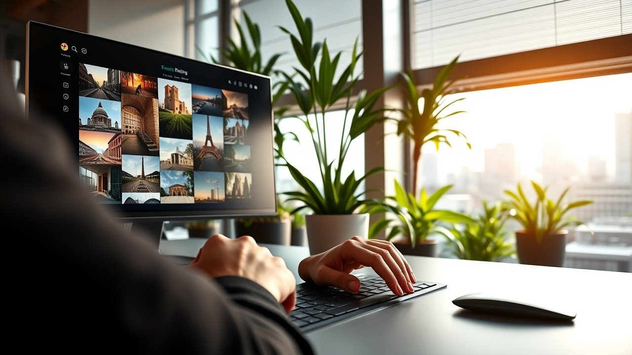 Hands typing on a keyboard in a modern office, screen showing image thumbnails, with plants and city view through window in soft daylight., No infographics and no text