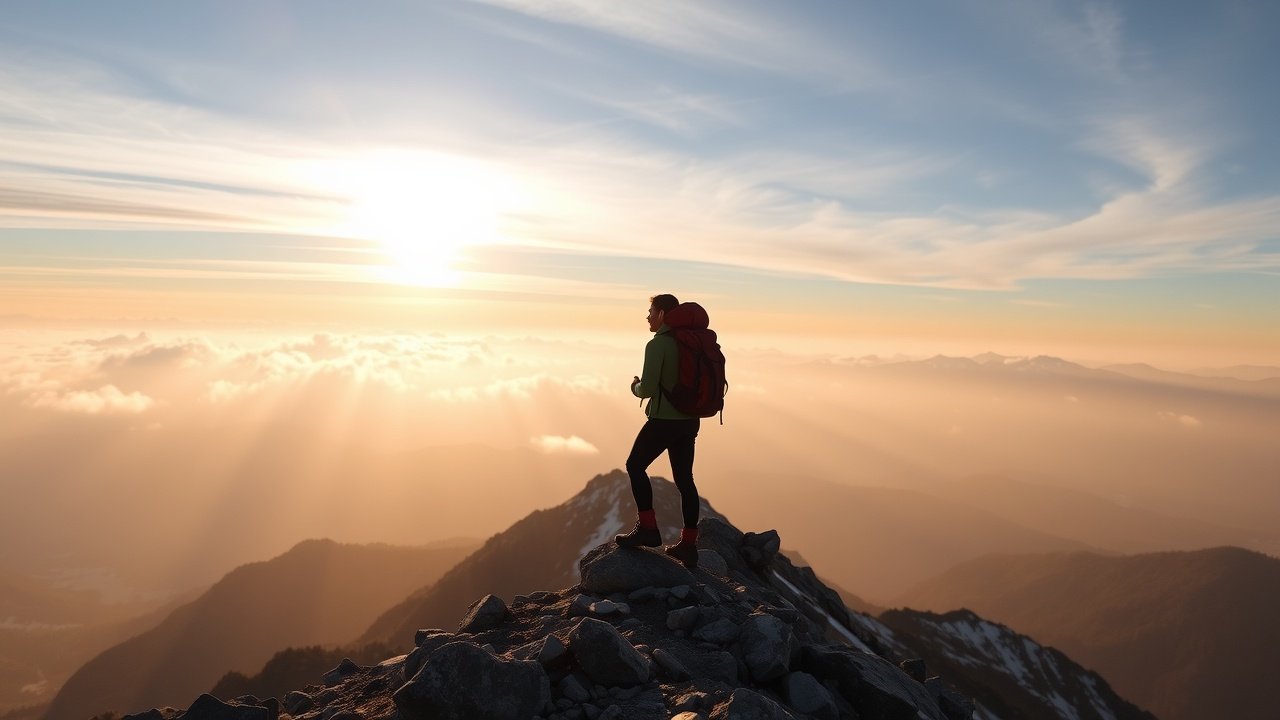 Hiker standing on mountain peak at dawn, backpack on, overlooking misty valleys and snow-capped ranges, warm sunlight breaking through clouds, sense of achievement., No infographics and no text