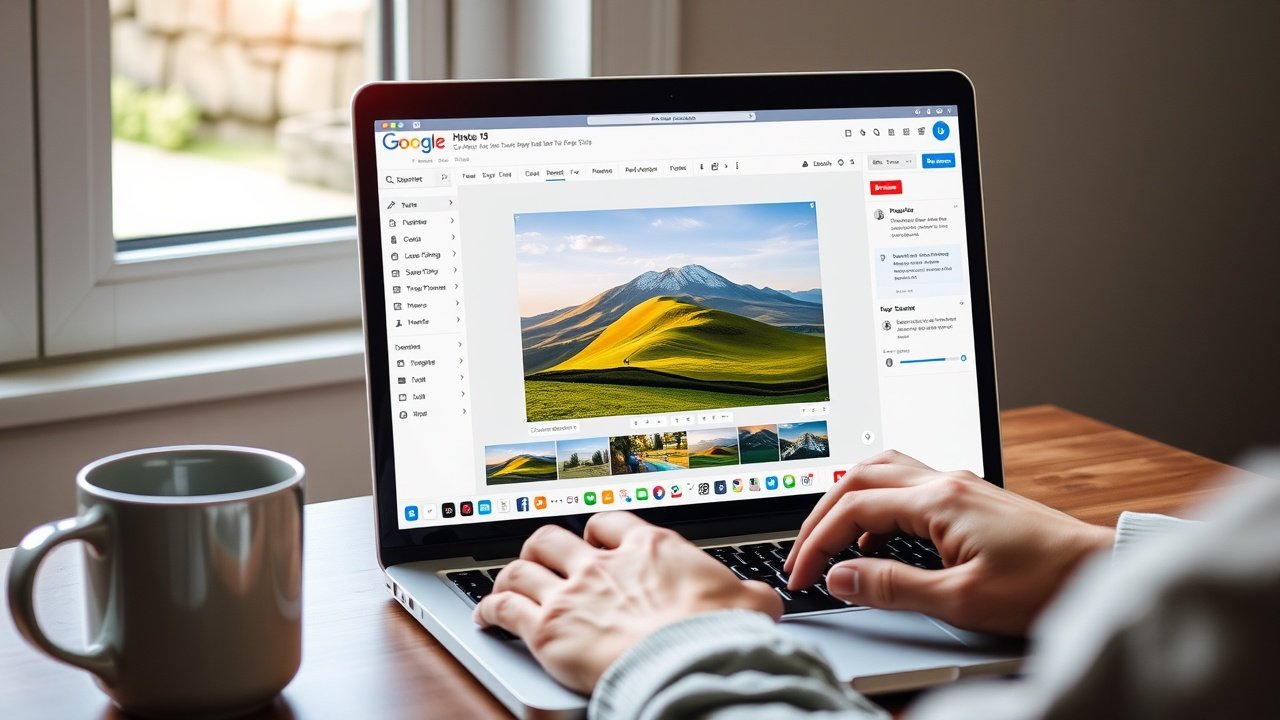 Laptop screen showing image editing software with a landscape photo being optimized, hands typing keywords, coffee mug nearby on desk, natural window light., No infographics and no text