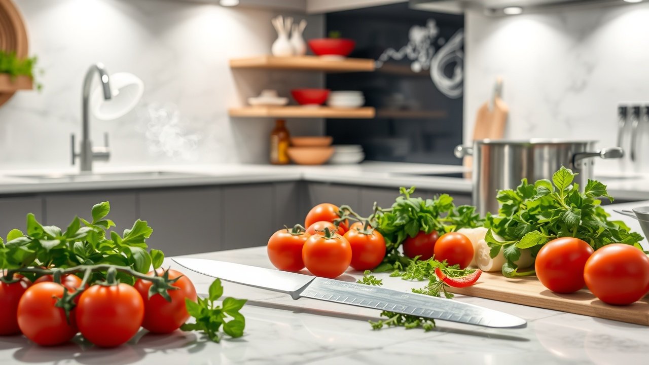 Modern kitchen counter with fresh ingredients like tomatoes and herbs, chef's knife slicing vegetables, steam rising from nearby pot, bright overhead lighting., No infographics and no text