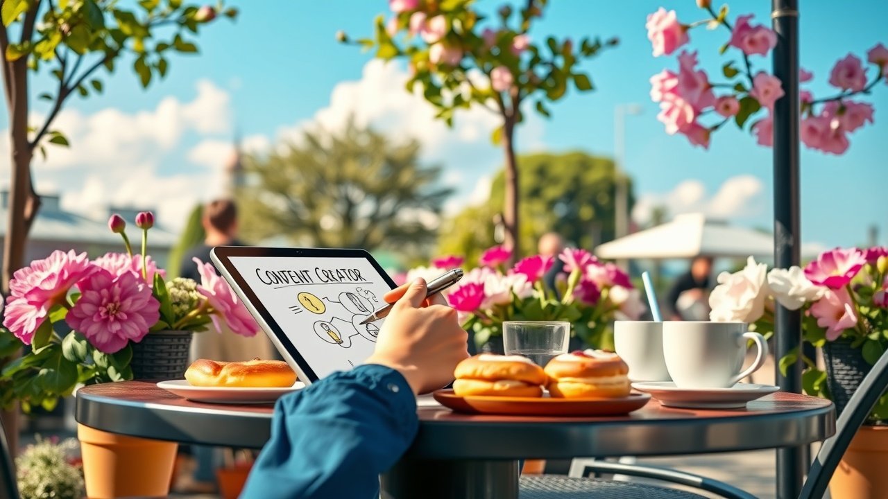 Outdoor cafe scene with a content creator sketching ideas on a tablet, surrounded by fresh pastries, steaming coffee, and blooming flowers under blue sky., No infographics and no text