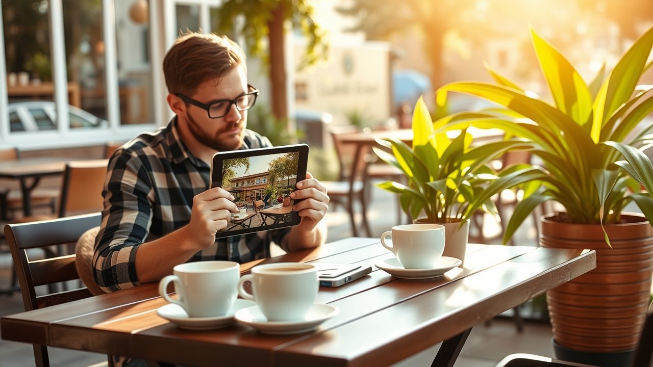 Outdoor cafe scene with freelancer editing photo on tablet, surrounded by coffee cups and green plants, warm afternoon sunlight., No infographics and no text