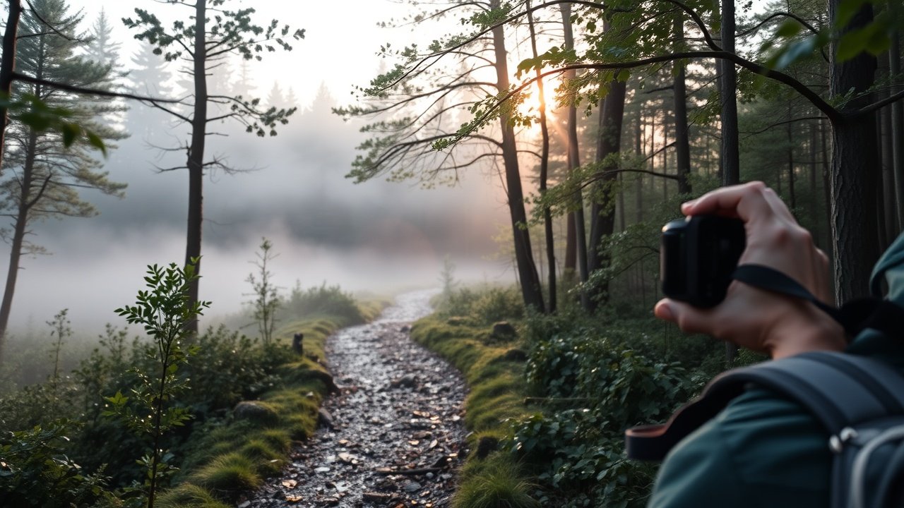 Outdoor forest path at dawn, hiker with backpack viewing misty landscape through camera viewfinder, dew-kissed leaves and sunlight filtering through trees., No infographics and no text