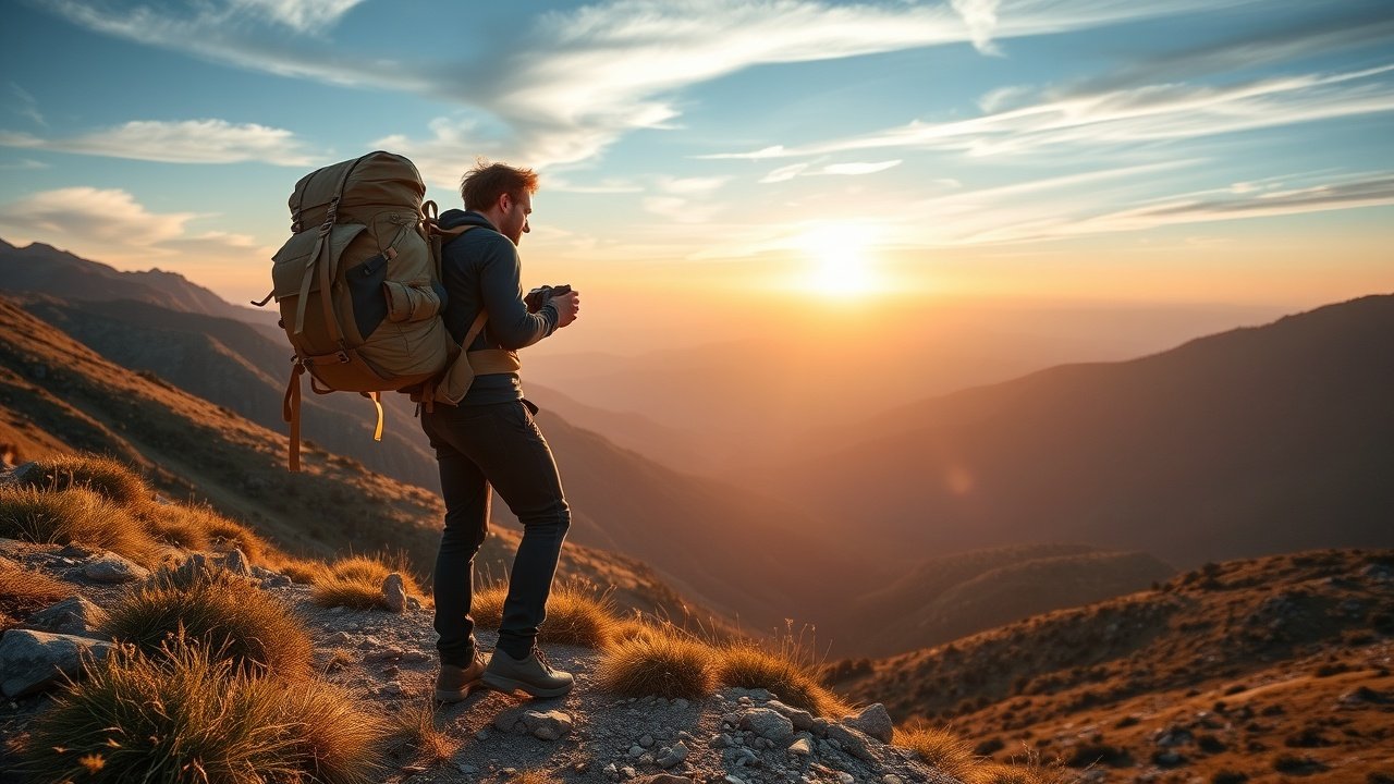 Outdoor landscape shot with a hiker pausing on a mountain trail at golden hour, camera in hand, vast scenery unfolding behind., No infographics and no text