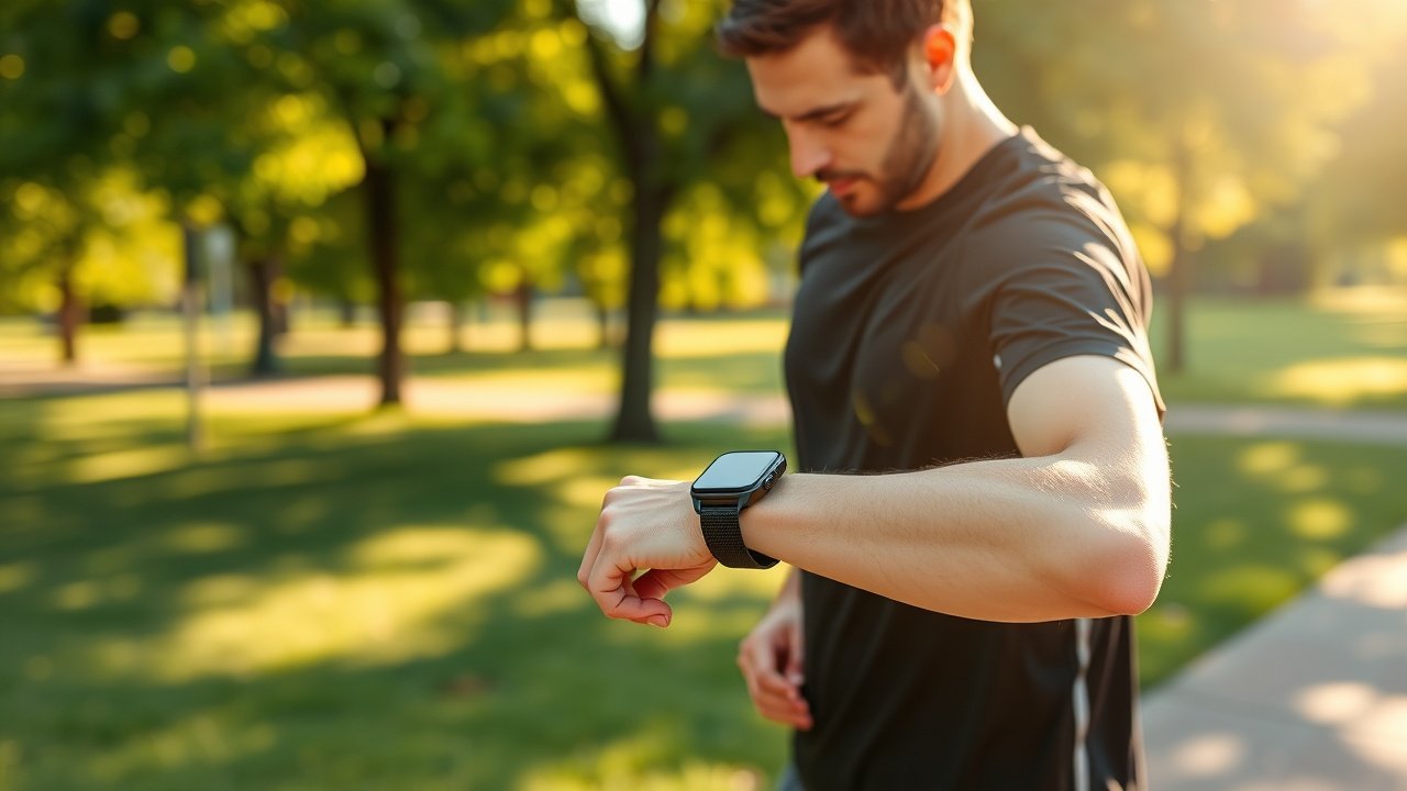 Outdoor park scene with jogger checking smartwatch, blurred greenery background, morning sunlight casting long shadows., No infographics and no text