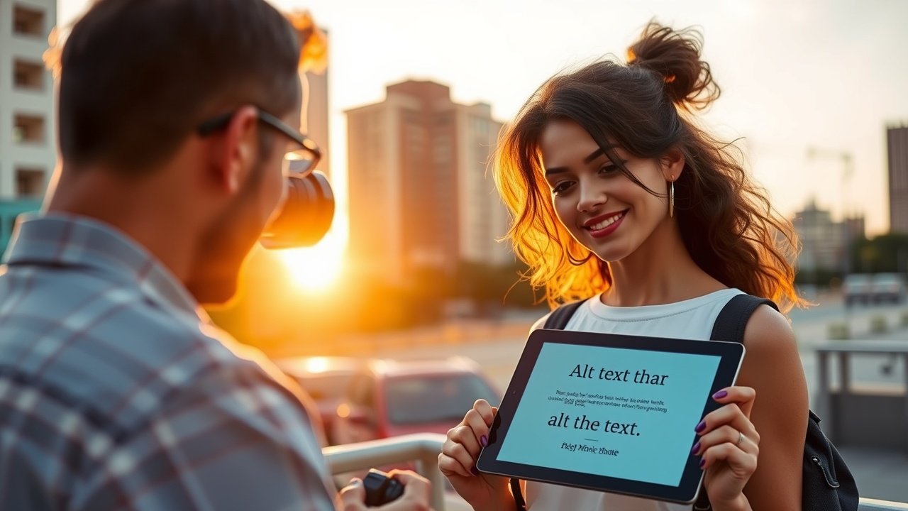 Outdoor photoshoot scene with model posing against urban backdrop, photographer checking alt text on tablet under golden hour sunlight., No infographics and no text