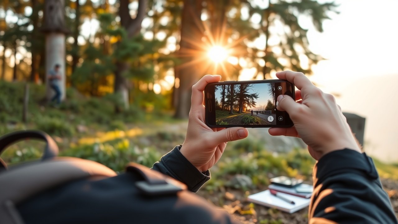 Outdoor scene of a blogger capturing nature photos with smartphone, golden hour sunlight filtering through trees, backpack and notes nearby., No infographics and no text