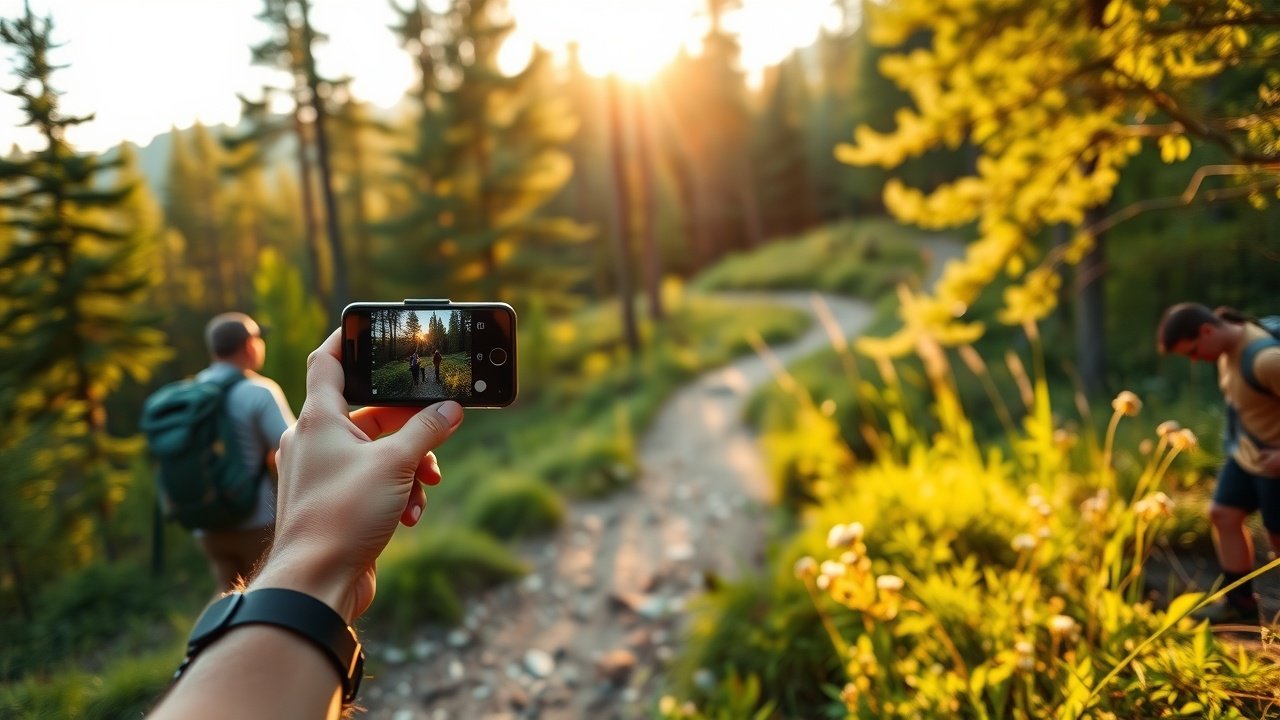 Outdoor scene of a blogger hiking in lush forest, smartphone in hand capturing scenic photo, golden hour sunlight casting long shadows on trail and wildflowers., No infographics and no text