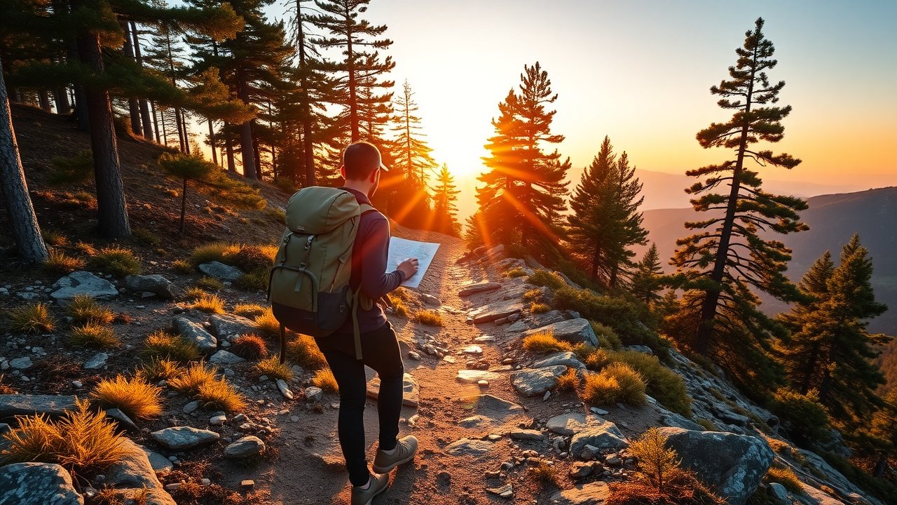 Outdoor scene of hiker on mountain trail at dawn, backpack and map in hand, golden sunlight filtering through trees, rocky path leading to horizon., No infographics and no text