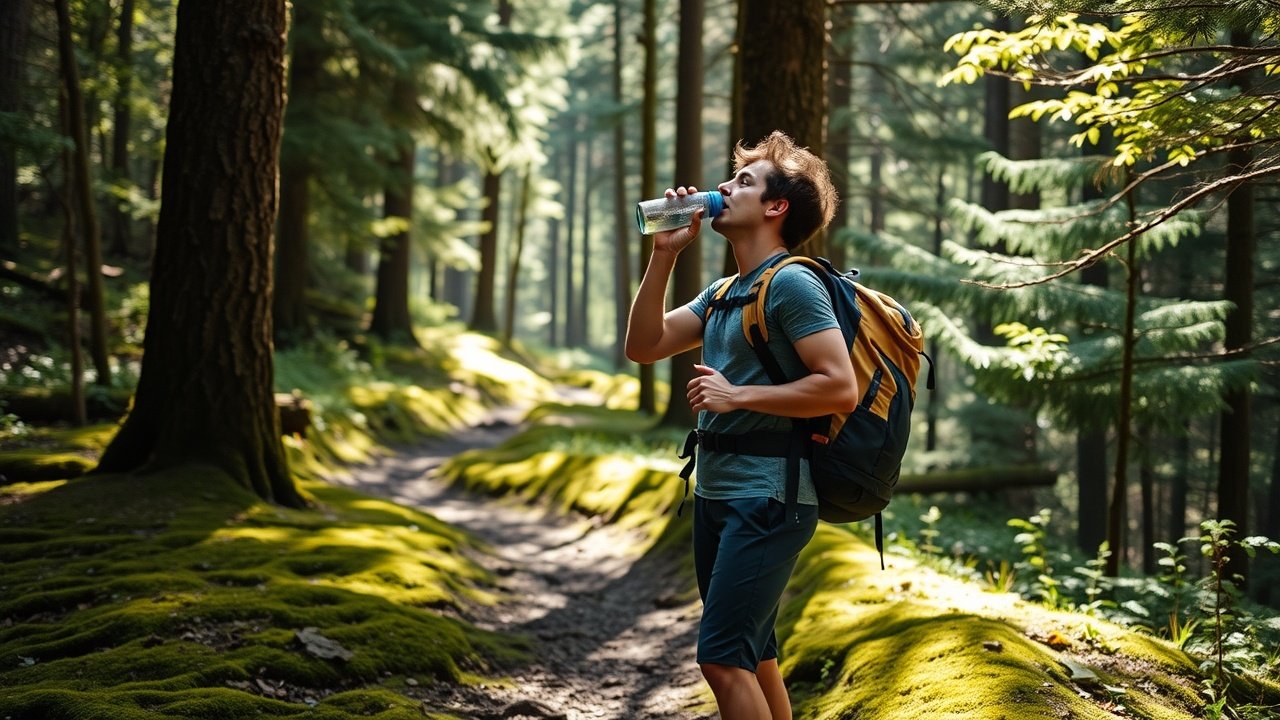 Outdoor trail in lush forest, hiker in athletic gear pausing to drink from water bottle, dappled sunlight on mossy ground, backpack resting against tree., No infographics and no text