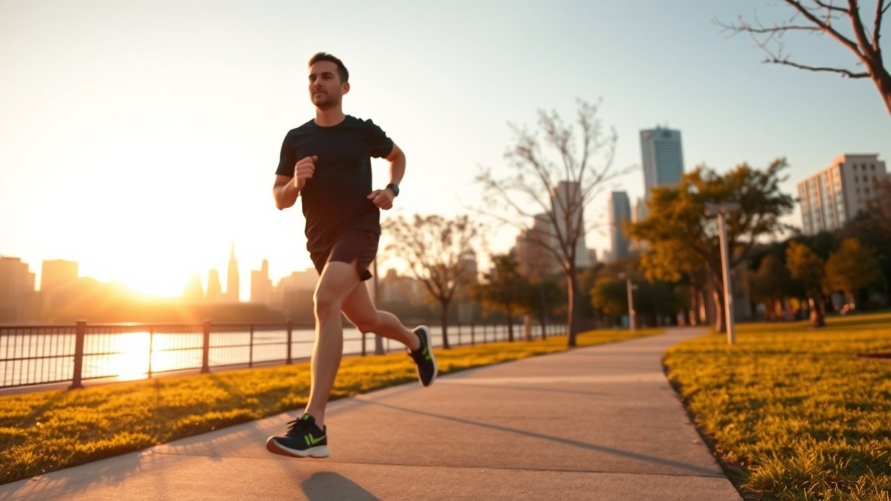 Outdoor urban park at dawn, jogger wearing fitness tracker on wrist running along path, city skyline in background, golden sunlight casting long shadows., No infographics and no text