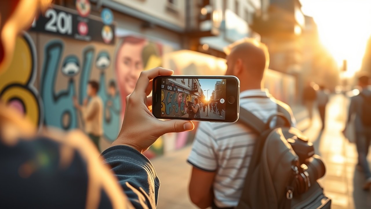 Outdoor urban setting with a blogger holding smartphone capturing street art, golden hour sunlight casting shadows, backpack with camera gear nearby, emphasizing visual storytelling., No infographics and no text