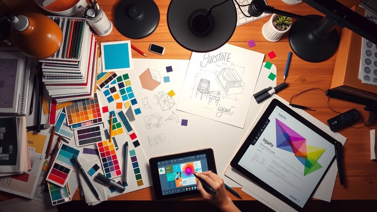 Overhead perspective of a graphic designer's desk cluttered with color swatches, sketches of visual concepts, and a tablet showing image editing software under focused desk lamp., No infographics and no text