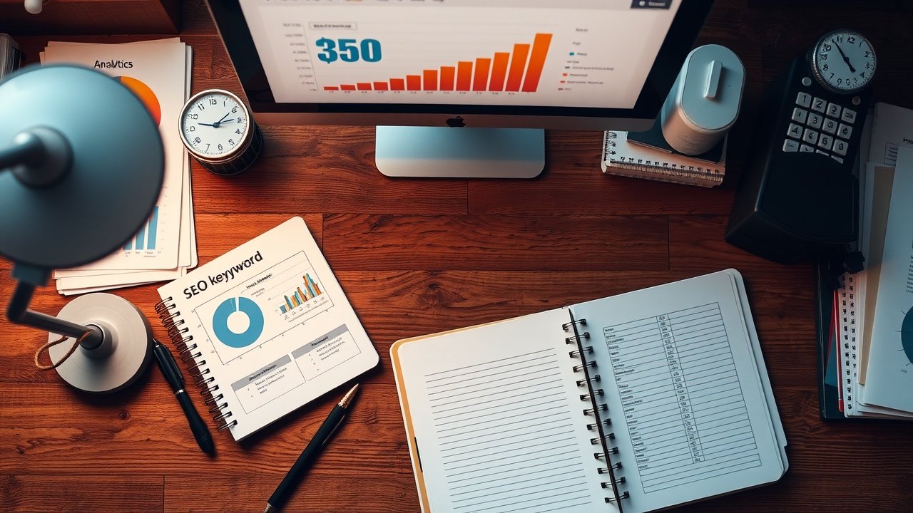 Overhead view of a wooden desk cluttered with SEO charts, keyword notebooks, and a computer screen showing analytics graphs under warm desk lamp glow., No infographics and no text