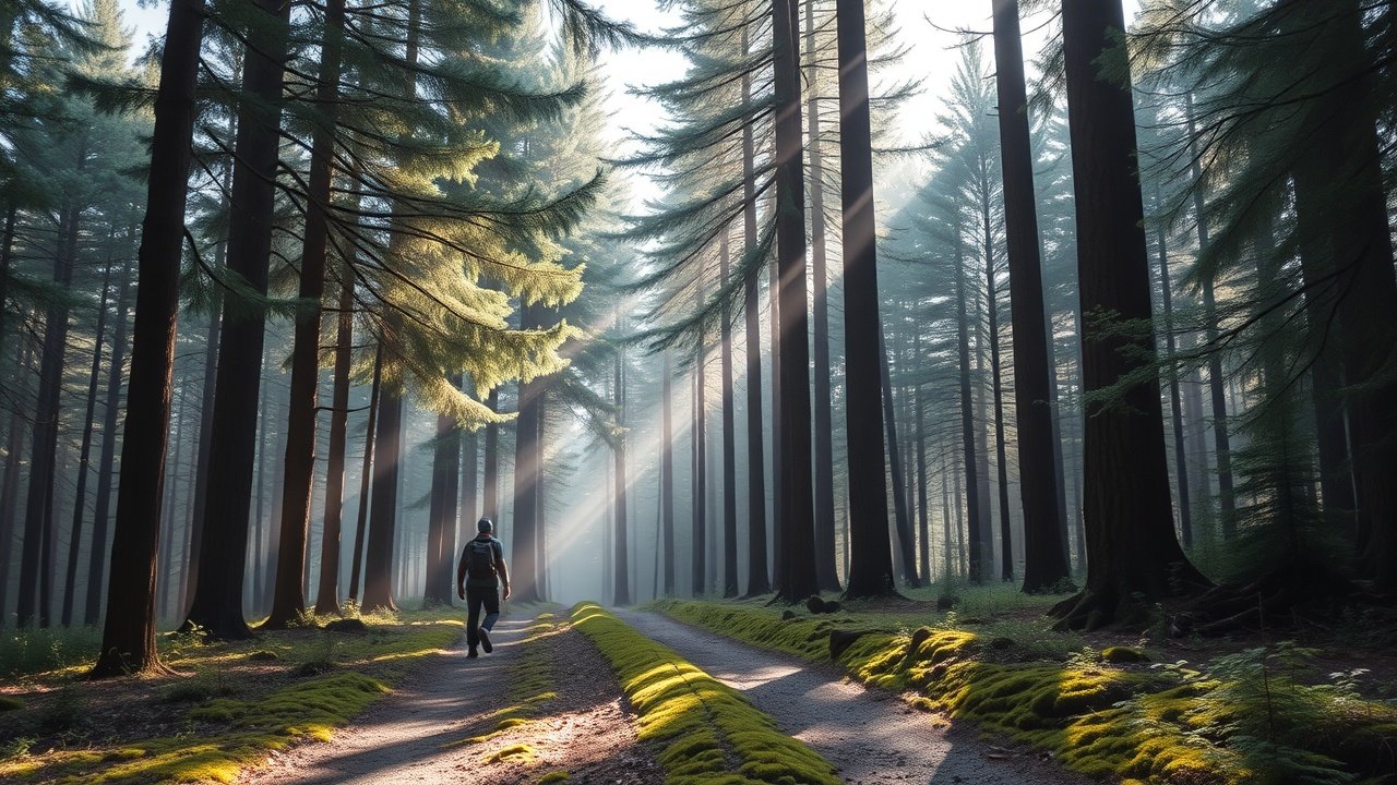 Serene forest path lined with tall pine trees, dappled sunlight filtering through leaves, hiker in background carrying backpack, mossy ground, crisp morning mist., No infographics and no text