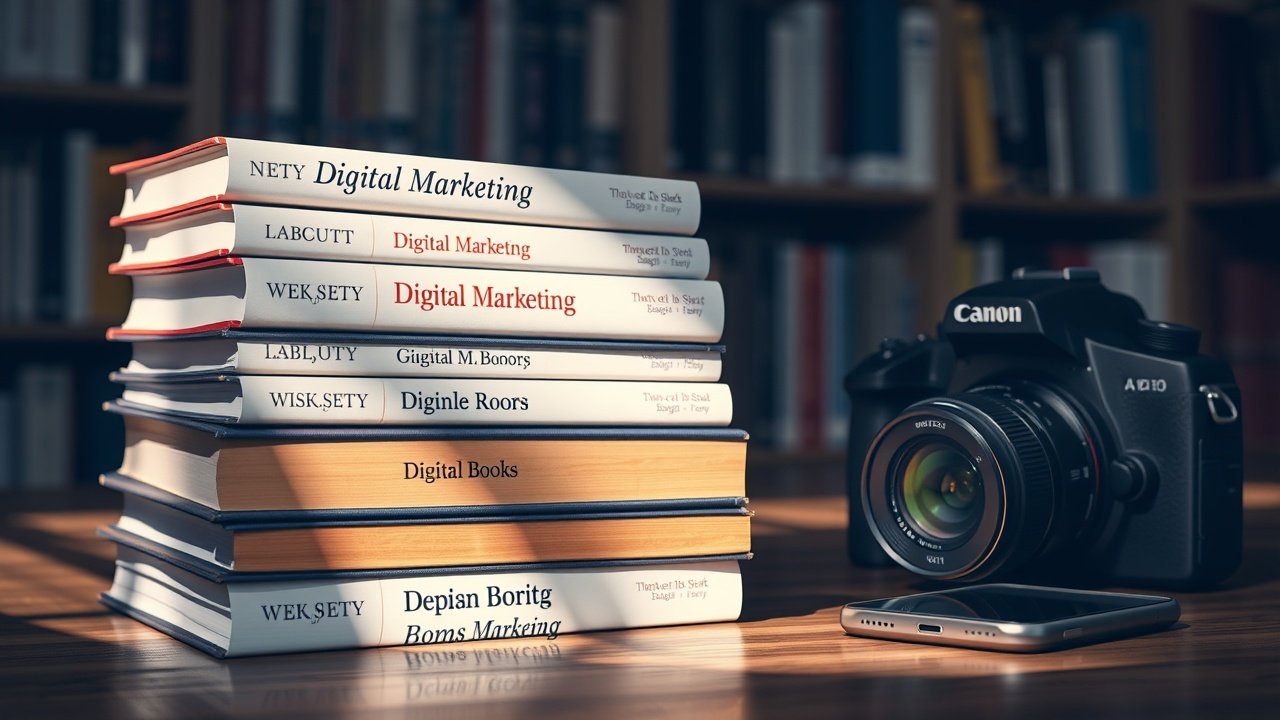 Stacked books on digital marketing beside a camera and smartphone, soft library lighting casting shadows, detailed textures visible., No infographics and no text