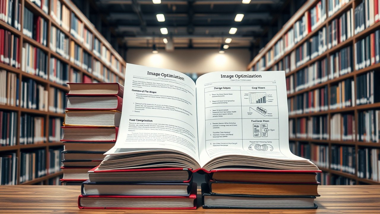 Stacked books on image optimization in a modern library, open pages revealing diagrams of file compression, soft overhead lighting., No infographics and no text