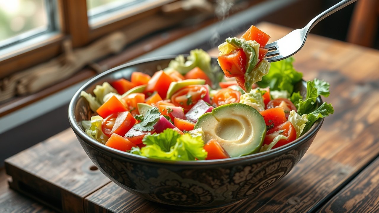 Steaming bowl of colorful salad with tomatoes, lettuce, avocado on rustic table, fork lifting portion, natural window light., No infographics and no text
