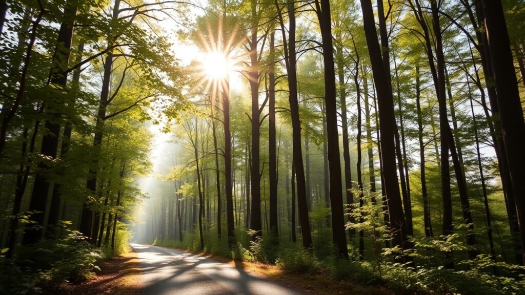 Sunlit forest path with tall trees and soft morning light filtering through leaves, No infographics and no text