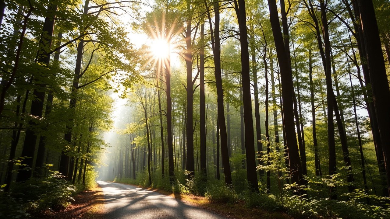 Sunlit forest path with tall trees and soft morning light filtering through leaves, No infographics and no text