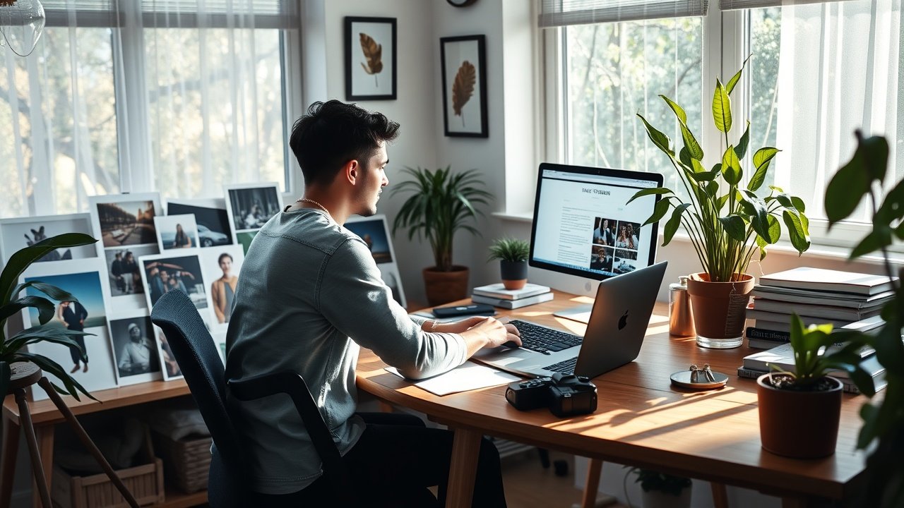 Sunlit home office with a content creator at wooden desk, surrounded by printed images, camera, and laptop showing blog draft, soft natural light filtering through plants., No infographics and no text