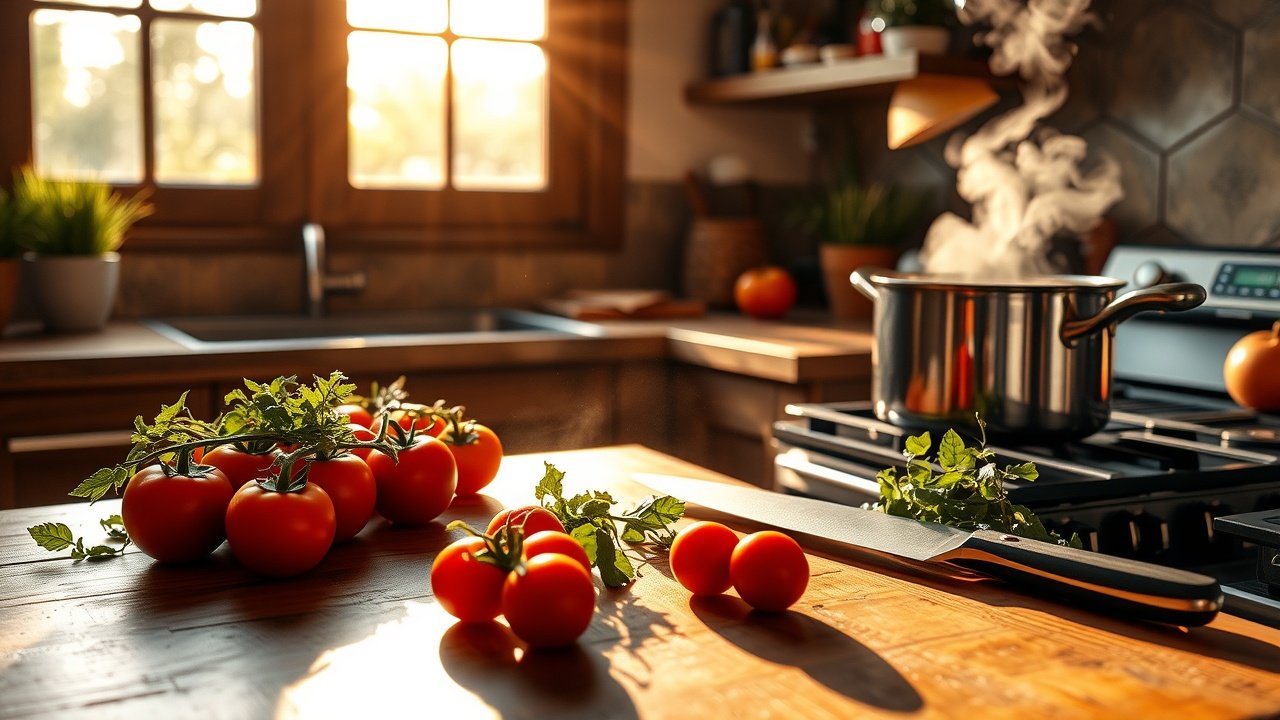 Sunlit kitchen counter with fresh ingredients like tomatoes, herbs, and a chef's knife, steam rising from a pot on stove, warm afternoon light through window, rustic wooden surfaces., No infographics and no text