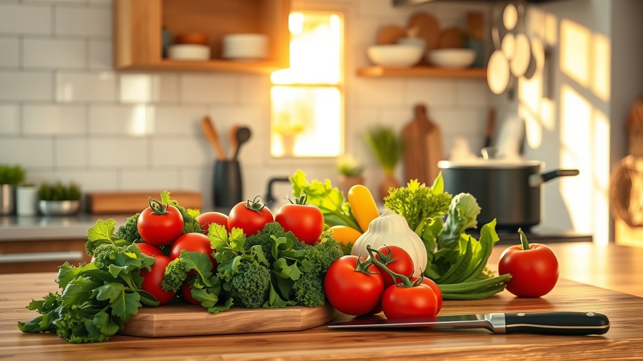 Sunlit kitchen counter with fresh organic vegetables like tomatoes and greens arranged artistically, wooden cutting board and knife nearby, steam rising from a pot on stove., No infographics and no text