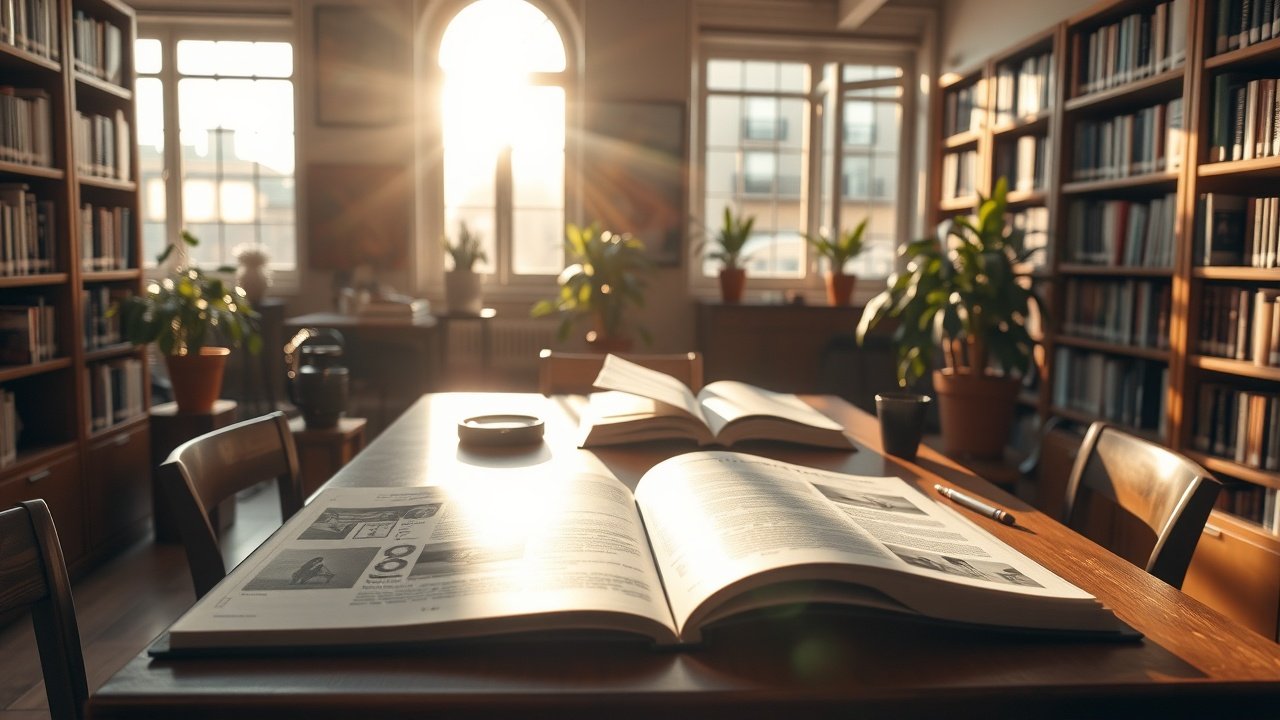 Sunlit library table with open books on photography techniques, camera lens and film rolls nearby, soft shadows from potted plants, focused atmosphere without individuals., No infographics and no text