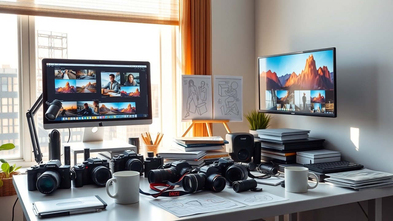 Sunlit modern office desk cluttered with digital cameras, colorful sketches, computer screens displaying vibrant photos, fresh coffee mug nearby, natural window light streaming in., No infographics and no text
