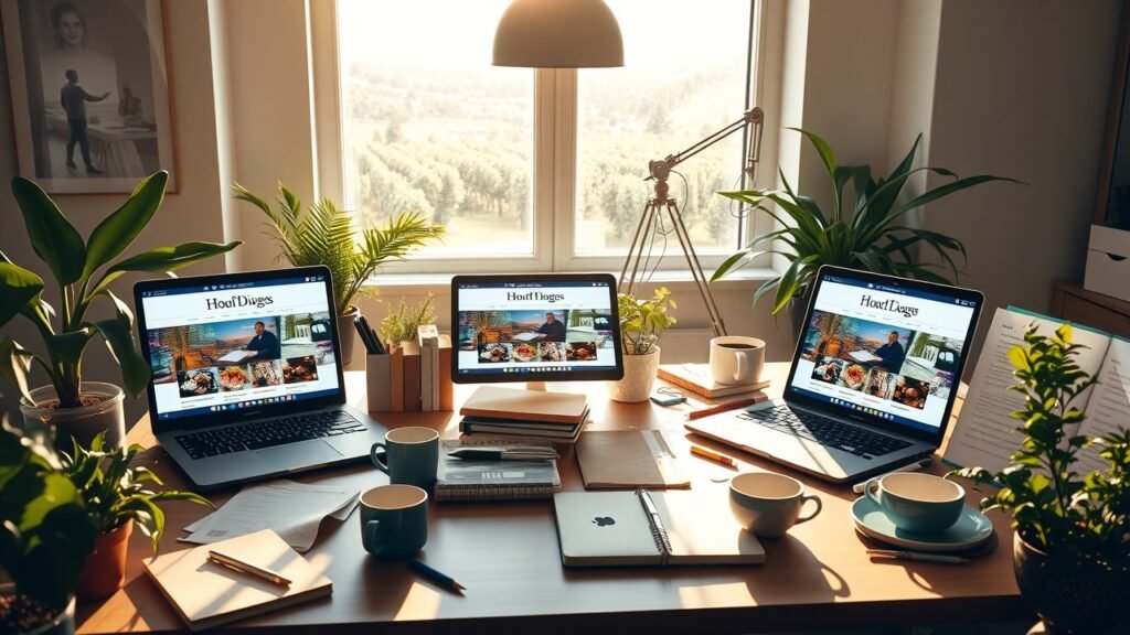 Sunlit modern office desk cluttered with laptops displaying vibrant blog images, scattered notebooks, coffee cups, and green plants under warm morning light., No infographics and no text