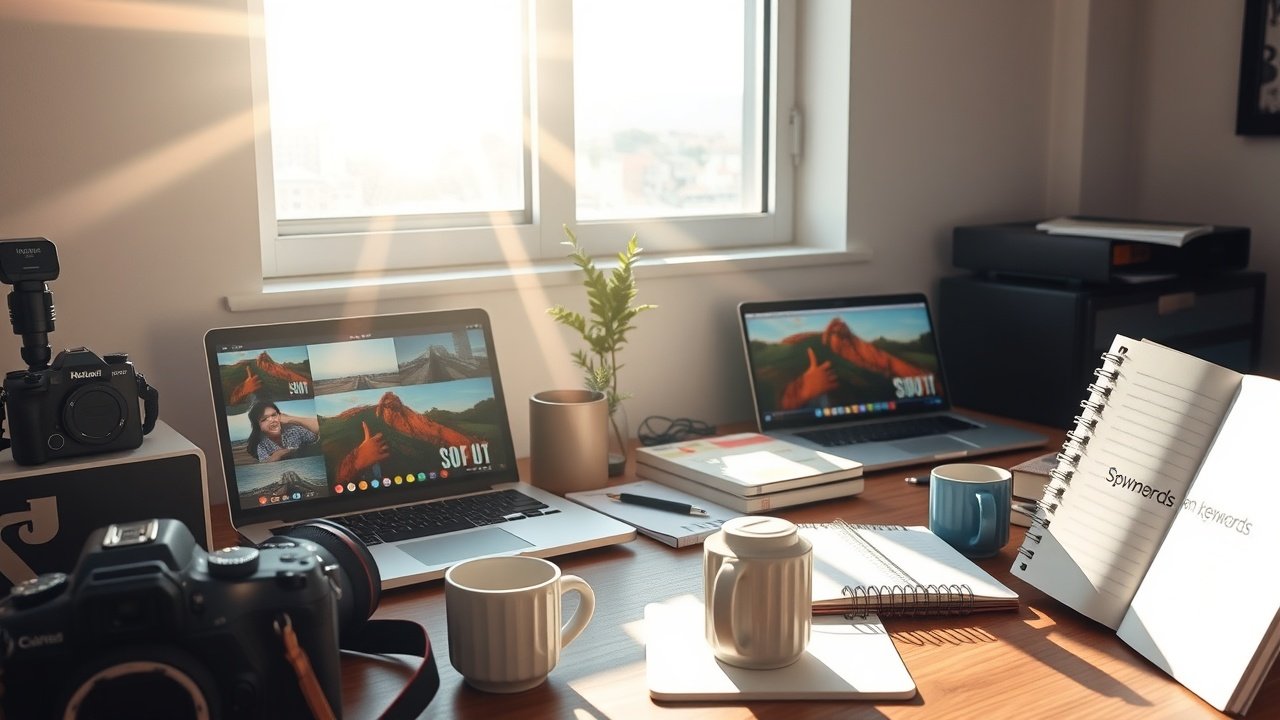 Sunlit modern office desk cluttered with cameras, laptops displaying vibrant photos, notebooks of SEO keywords, and coffee mugs under warm window light., No infographics and no text