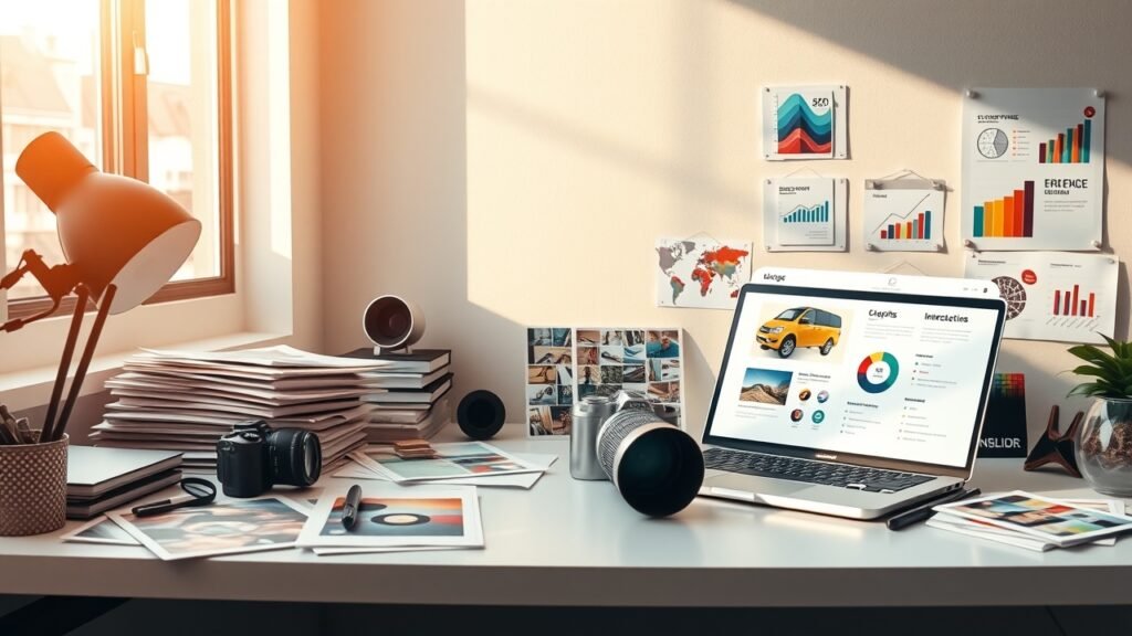 Sunlit modern office desk cluttered with camera, laptop showing blog layout, colorful printed images, and SEO charts under warm window light., No infographics and no text