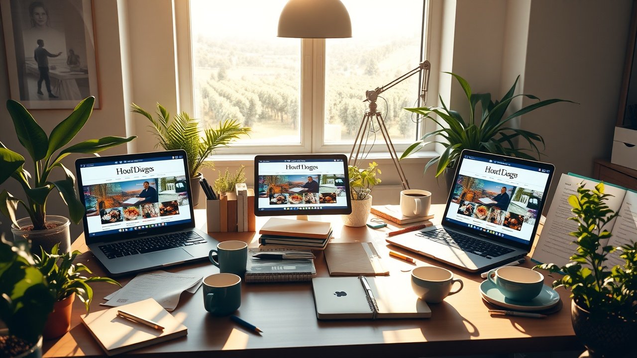 Sunlit modern office desk cluttered with laptops displaying vibrant blog images, scattered notebooks, coffee cups, and green plants under warm morning light., No infographics and no text