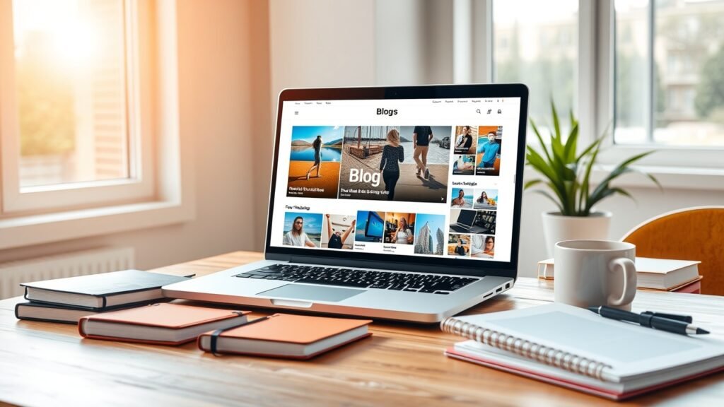 Sunlit modern workspace with open laptop displaying colorful blog images, scattered notebooks and coffee mug on wooden desk, vibrant atmosphere., No infographics and no text