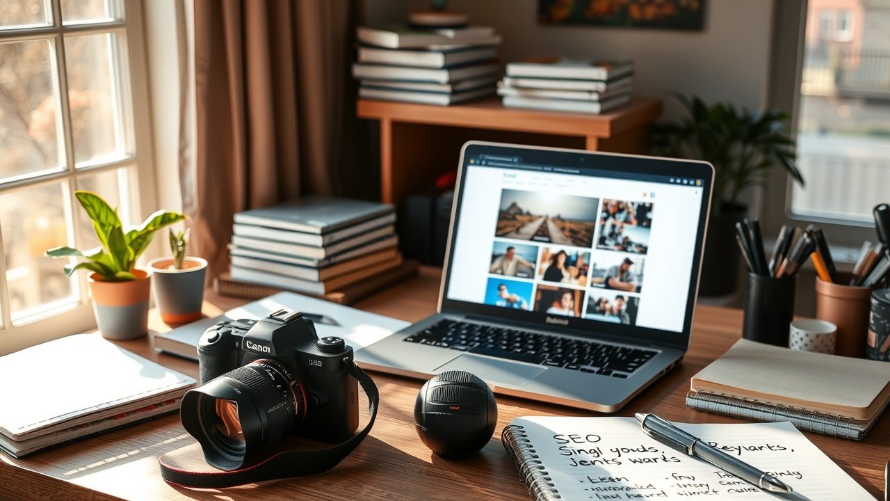 Sunlit workspace desk cluttered with camera, laptop displaying vibrant blog images, notebooks with SEO keywords, warm morning light filtering through window., No infographics and no text
