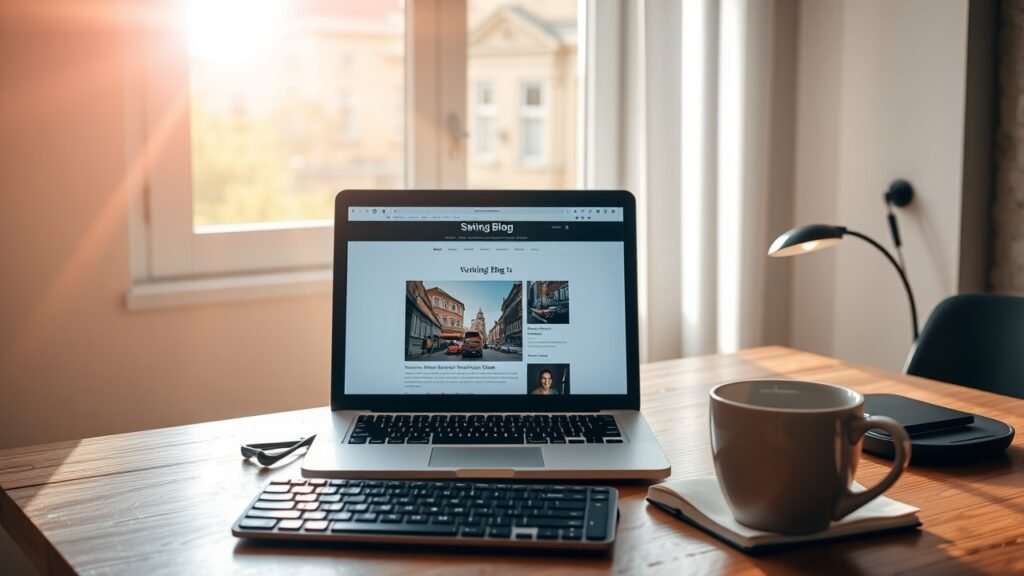 Sunlit workspace with open laptop displaying blog article, coffee mug nearby, keyboard and notebook on wooden desk, vibrant morning light streaming through window., No infographics and no text
