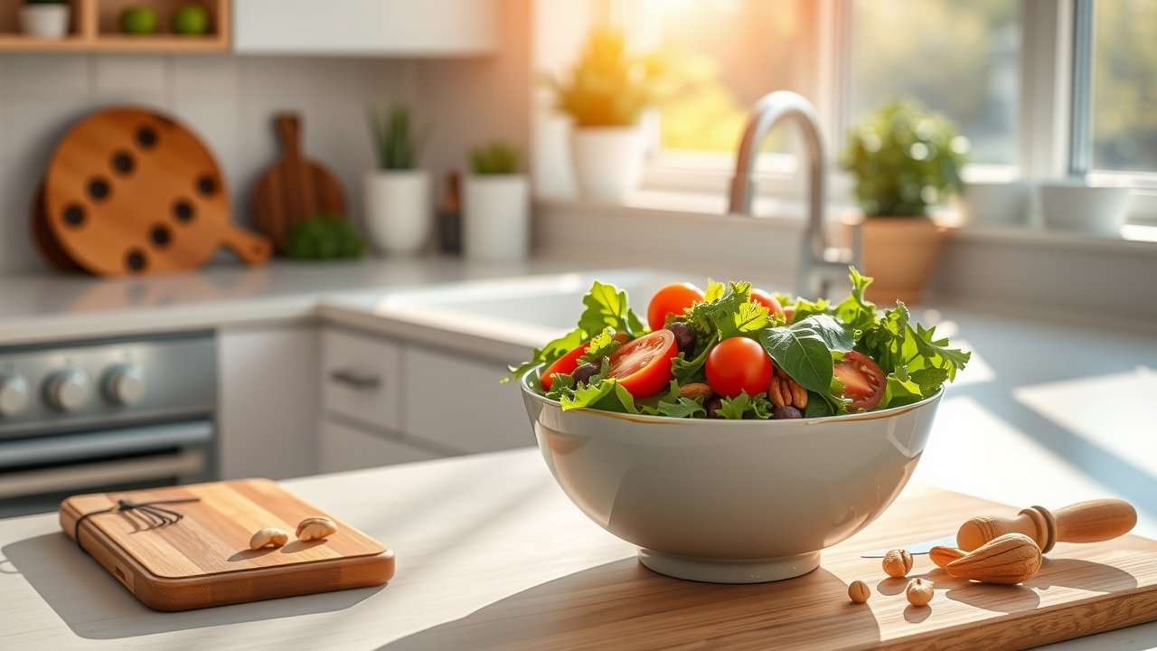 Sunny kitchen counter displaying colorful salad bowl with mixed greens, tomatoes, and nuts, wooden cutting board nearby, warm afternoon sunlight streaming in., No infographics and no text