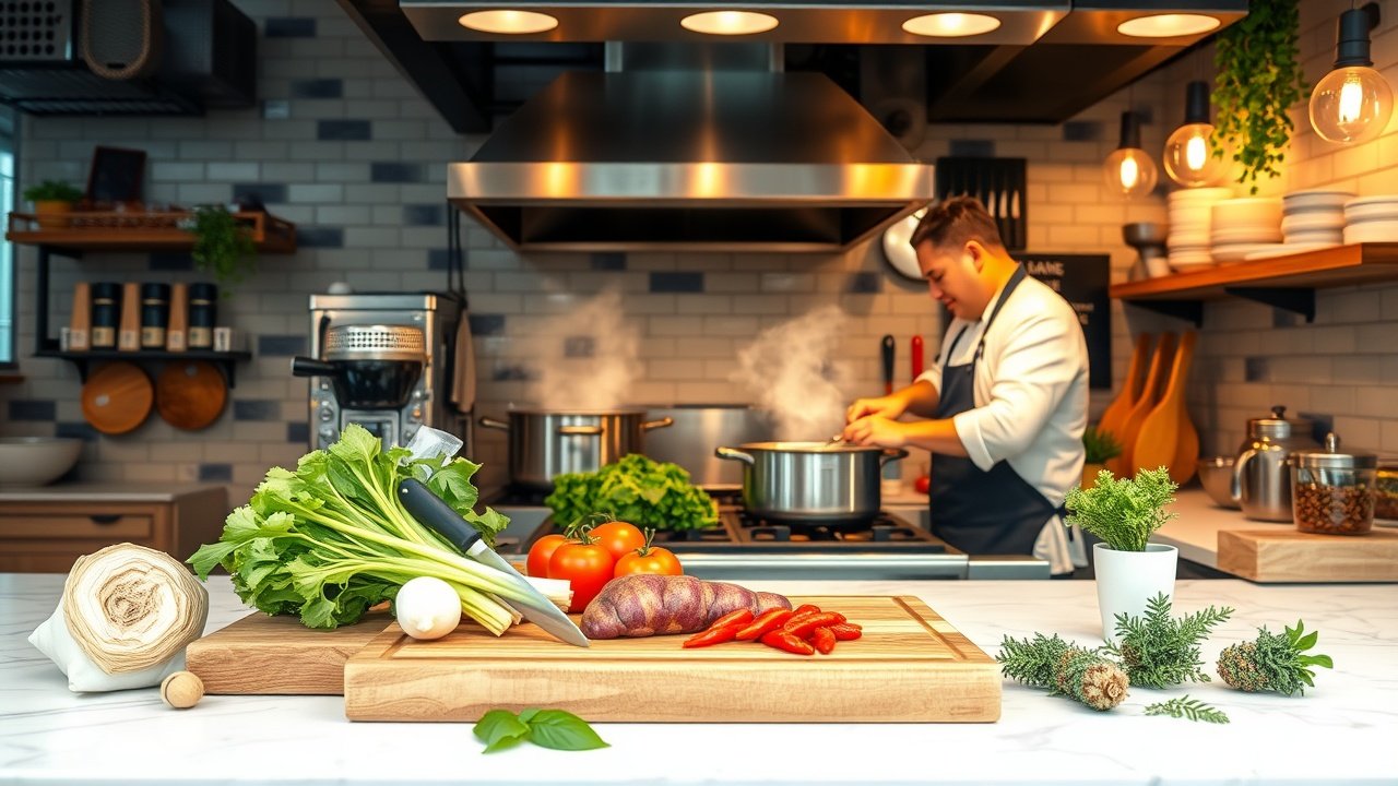 Urban kitchen with chef chopping fresh vegetables on wooden board, steam rising from pots on stove, warm overhead lighting, herbs and spices on counter., No infographics and no text